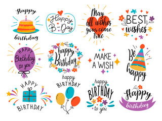 Vector illustration of Happy Birthday badge set. Greeting lettering, cake, balloons birthday greeting card decoration design vector illustration icons set. Birthday celebration logo.