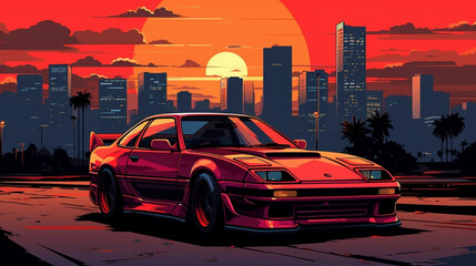 copy space, vector illustration, 90's style, pixel style, powerful sportcar in city, sunset. Nostalic 90’s poster. 90’s background for poster. Nostalic adventure mockup. Print for T-shirt.