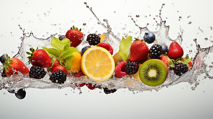 multivitamin water wave splash with various fruit peppermint leaves and ice cubes isolated on white background , generate AI