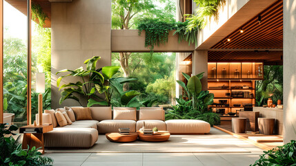 The interior of a modern house with many plants inside. Beautiful living room in a luxurious contemporary made of natural materials home.