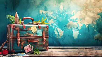 Vintage suitcase on wooden table and world map background, travel concept