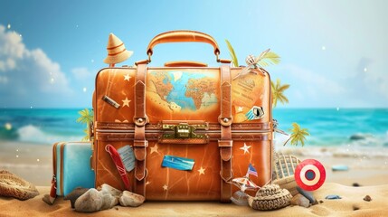 Vintage travel suitcase with summer beach background