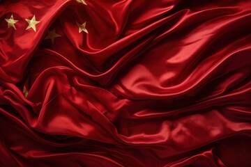 Red Chinese flag made of silk with golden stars - obrazy, fototapety, plakaty