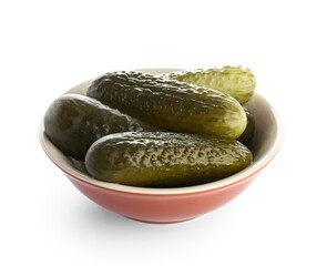 Bowl with tasty pickled cucumbers on white background