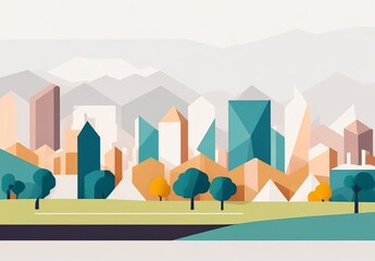 Vector illustration in simple minimal geometric flat style - city landscape with buildings, hills and trees - abstract horizontal banner and background with copy space for text - header images for web