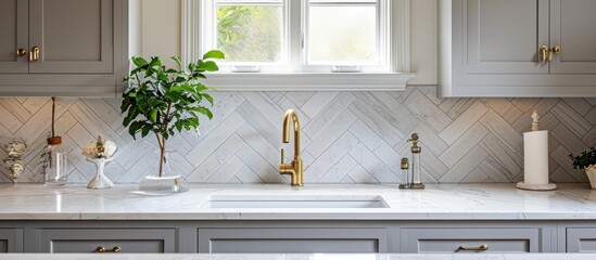 Detailed image of sink in upscale kitchen with herringbone backsplash, white marble counter, and gold faucet.