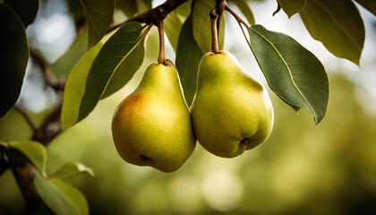 Close-up of two ripe pears on a pear tree