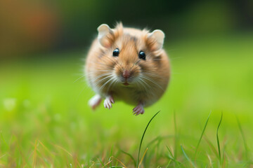Hamster in the jump. Funny hamster, flying. cute little hamster try move to hand, hamster feeling wonder and excite, hamster on nature background, pet in home. - obrazy, fototapety, plakaty