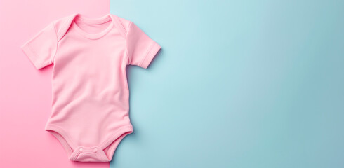 Light pink baby bodysuit on pastel background. Top view, space for text.	
