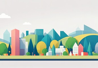 Vector illustration in simple minimal geometric flat style - city landscape with buildings, hills and trees - abstract horizontal banner and background with copy space for text - header images for web