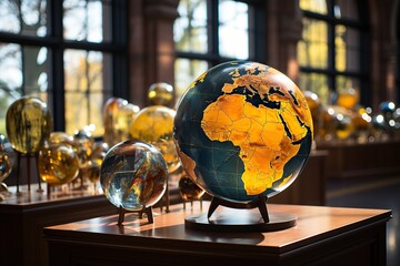 Polished wooden globes and spherical sculptures elegantly displayed in a room with large windows - obrazy, fototapety, plakaty
