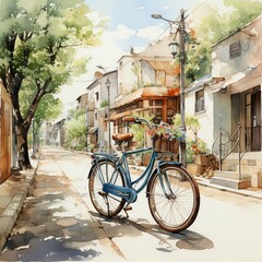 Fototapeta na wymiar Bicycle ride in watercolor style. AI generate illustration