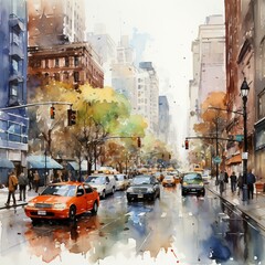 Busy intersection cars and pedestrians, watercolor style. AI generate illustration