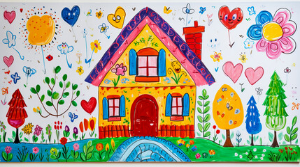 Child's Drawing of Family in Front of Home created with Generative AI technology