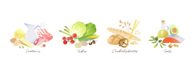 Macronutrients set, healthy balanced diet illustration. Protein, fiber, carbohydrates and good fats