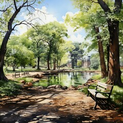 Fototapeta na wymiar City park in watercolor style. AI generate illustration