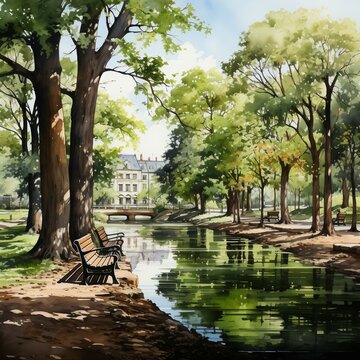 City park in watercolor style. AI generate illustration