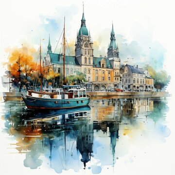 City reflections of building in watercolor style. AI generate illustration