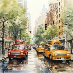 City traffic cars and taxis in watercolor style. AI generate illustration