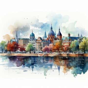 City skyline in watercolor style. AI generate illustration