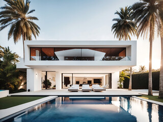 Fototapeta premium The exterior of the amazing modern minimalist cubic villa with a large swimming pool among palm trees is designed.