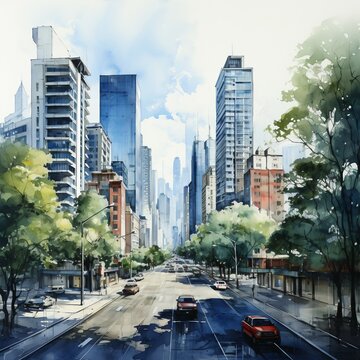 Buildings tall office in watercolor style. AI generate illustration