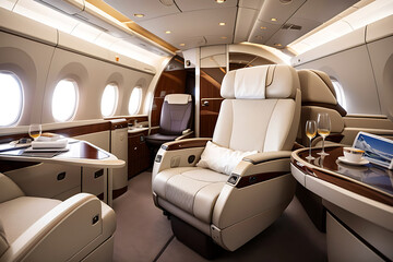 First-class business luxury seat for vacations or corporate aeroplane travel design.