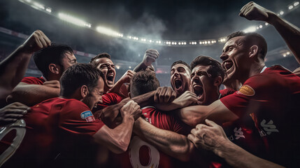 Feel the triumph as a football team erupts in joy after a victorious match. - obrazy, fototapety, plakaty