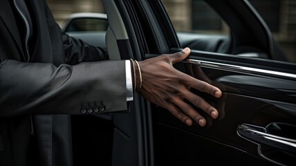 greetings, the hand of a male person on a vehicle handle in a professional transport service, business class or pick-up transport with a composition or scene in a minimalist modern style.