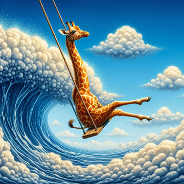 Illustration image of giraffe swinging on swing bar over blue sky with clouds foam.