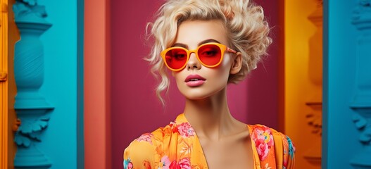 portrait of a model woman in flowery dress and trendy sunglasses