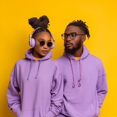 young couple  posing with urban clothes against flat yellow color background.