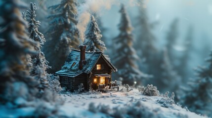 A cozy cabin in the woods is surrounded by snow-covered trees. The sky is blue, and there's a light on inside the cabin.