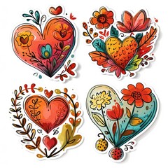Four stickers featuring watercolor hearts decorated with flowers and leaves. Each heart has a unique pattern and color combination.