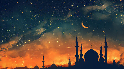 Arabic fairy tales 1001 night. Мosque, islamic holiday banner, for Ramadan,  crescent moon on background
 - obrazy, fototapety, plakaty