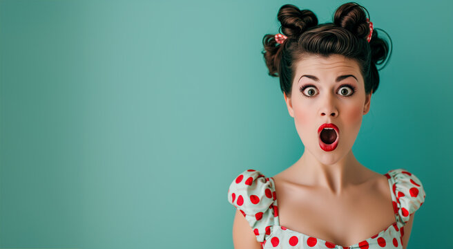 Woman with red lips surprise.Beautiful girl with curly hair surprised and shocked looks on you . Presenting your product. Portrait of impressed pretty person open mouth look camera news information is