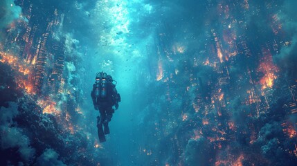 Fototapeta na wymiar Diver with diving suit, diving in a coral reef with many jellyfish and fish