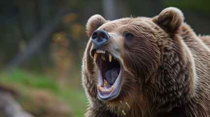 Obraz premium Brown bear roaring in the wild.