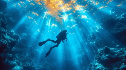 Fototapeta na wymiar Diver with diving suit, diving in a coral reef with many jellyfish and fish