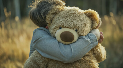 Child hugging a large teddy bear.