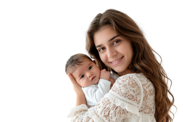 Portrait of mom holding baby with her arms isolated on transparent png background, love moment, newborn sleeping tenderly in arms, cute little infant.