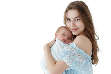Portrait of mom holding baby with her arms isolated on transparent png background, love moment, newborn sleeping tenderly in arms, cute little infant.