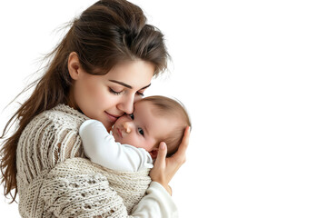 Portrait of mom holding baby with her arms isolated on transparent png background, love moment, newborn sleeping tenderly in arms, cute little infant. - Powered by Adobe