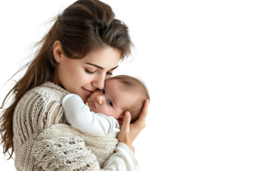 Portrait of mom holding baby with her arms isolated on transparent png background, love moment, newborn sleeping tenderly in arms, cute little infant.