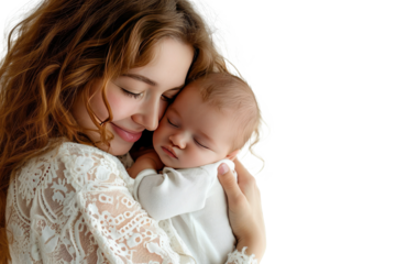 Portrait of mom holding baby with her arms isolated on transparent png background, love moment, newborn sleeping tenderly in arms, cute little infant.