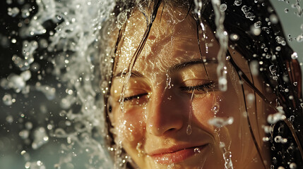 Woman's face joyfully splashed with water.