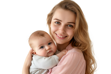 Portrait of mom holding baby with her arms isolated on transparent png background, love moment, newborn sleeping tenderly in arms, cute little infant.