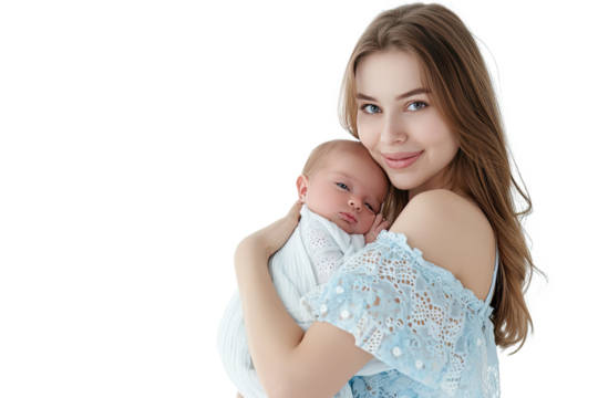 Portrait of mom holding baby with her arms isolated on transparent png background, love moment, newborn sleeping tenderly in arms, cute little infant.