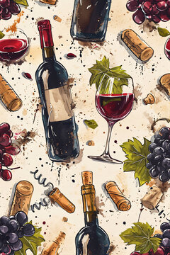 Pattern with wine motifs, wine bottle motif, houses grapes, grape fruits