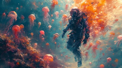 Diver with diving suit, diving in a coral reef with many jellyfish and fish - obrazy, fototapety, plakaty